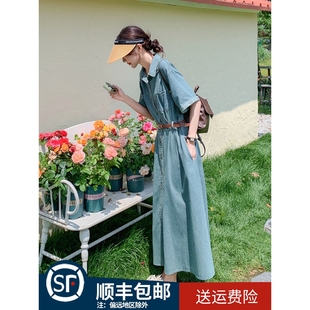 港風(fēng)復(fù)古牛仔連衣裙女2025年夏季 長(zhǎng)裙 高級(jí)感收腰顯瘦氣質(zhì)襯衫 新款