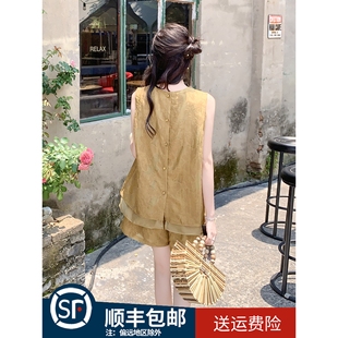 新款 黃色高級(jí)感無(wú)袖 女2025夏季 氣質(zhì)小個(gè)子休閑短褲 背心套裝 兩件套