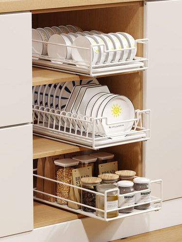 碗碟拉篮厨房橱柜抽屉式水槽下角落存储碗和盘子调味料拉出存储架