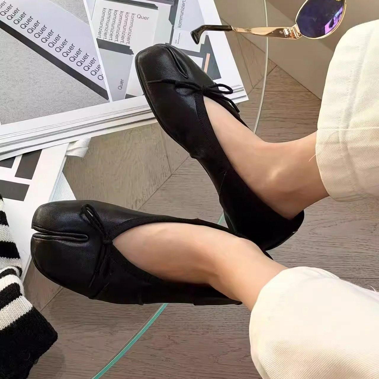 诗歌兰女鞋2026年春新款真皮蝴蝶结芭蕾舞鞋女一脚蹬平底分趾单鞋,女鞋,时尚芭蕾鞋,淘宝优惠券,粉丝福利购,淘宝优惠卷