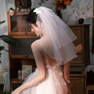 《甜美》新娘领证登记拍照道具短款头纱超仙旅拍双层简约求婚头饰