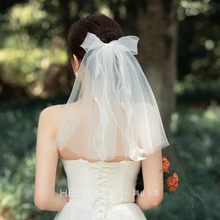 甜妮 森系领证头纱公主单层旅拍照女儿童小头纱 新娘蝴蝶结短款