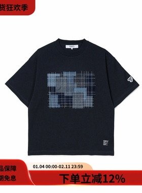 FDMTL 25FW BORO TEE藏青色纯棉复古刺子绣拼接宽松圆领短袖T恤