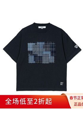 FDMTL 25FW BORO TEE藏青色纯棉复古刺子绣拼接宽松圆领短袖T恤