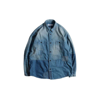 FDMTL水洗补丁宽松牛仔长袖衬衫