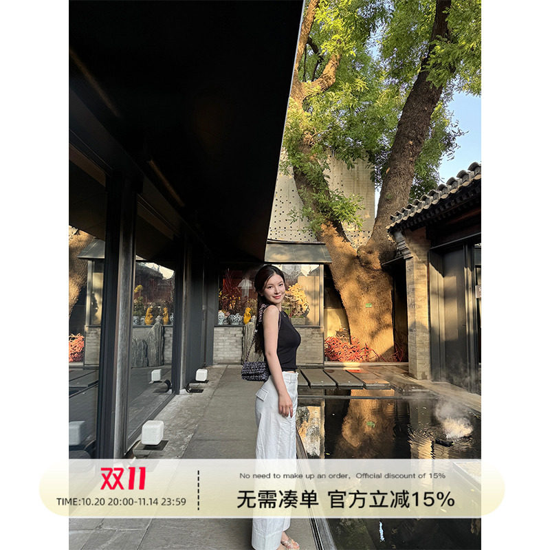 Rouqiu肉球小个子新款夏季做旧褶皱阔腿通勤气质九分裤休闲长裤女