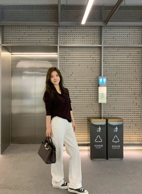 Rouqiu小个子 初秋lp老钱风简约通勤百搭白色窄版小直筒牛仔裤女