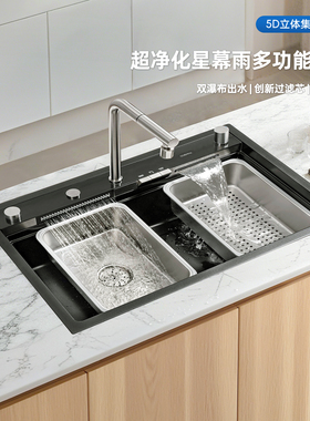 科恩纳MU黑色钢琴键星幕雨石英石水槽厨房洗碗大单槽花岗岩洗菜盆