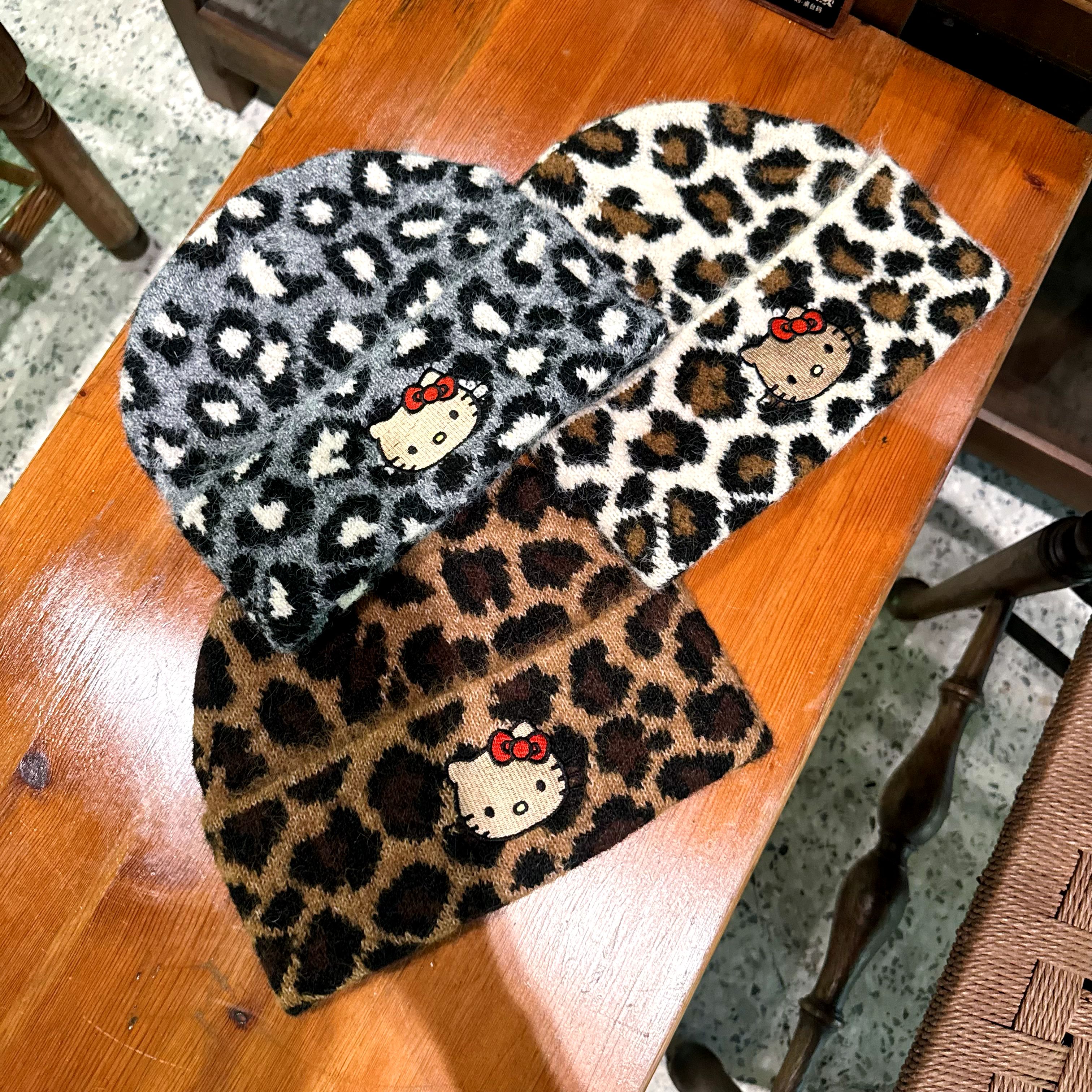 可爱豹纹kitty猫刺绣毛线帽女秋冬季保暖显脸小针织帽大头围帽子