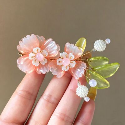 甜美粉色双花朵侧边夹清新少女心