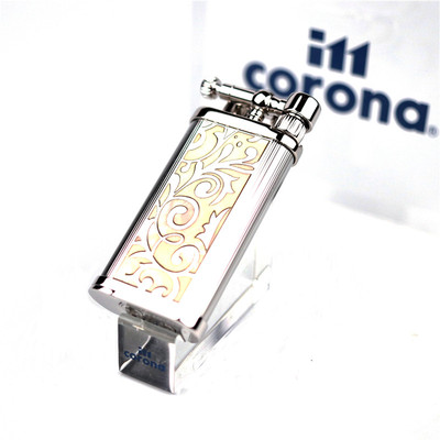 日本im corona皇冠贝壳镶嵌银色雕刻烟斗专用打火机  侧出火