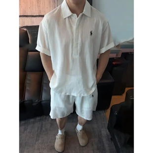 短裤 老钱风小标极简天丝亚麻POLO衫 短袖 男 套装 亚麻套装 25夏季