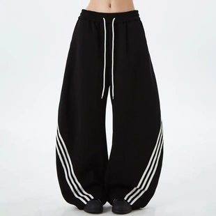 子 男女宽松百搭垂感街舞阔腿休闲裤 ISLAND美式 复古三条杠弯刀卫裤