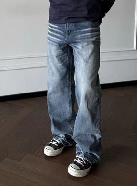 'TZG ''15OZ猫须纹立体蓝牛水洗蜂窝牛仔直筒男女复古做旧长裤