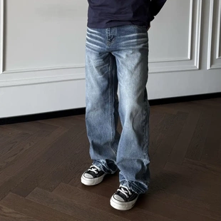 'TZG ''15OZ猫须纹立体蓝牛水洗蜂窝牛仔直筒男女复古做旧长裤