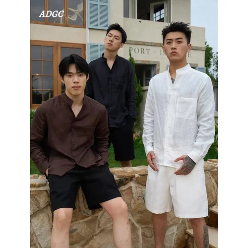 ADGC 老钱风亚麻 轻薄立领衬衫男夏季透气简约松弛感宽松长袖衬衣