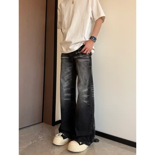 Areast春季新款蓝牛仔裤直筒版型微喇复古水洗猫须设计感长裤5602