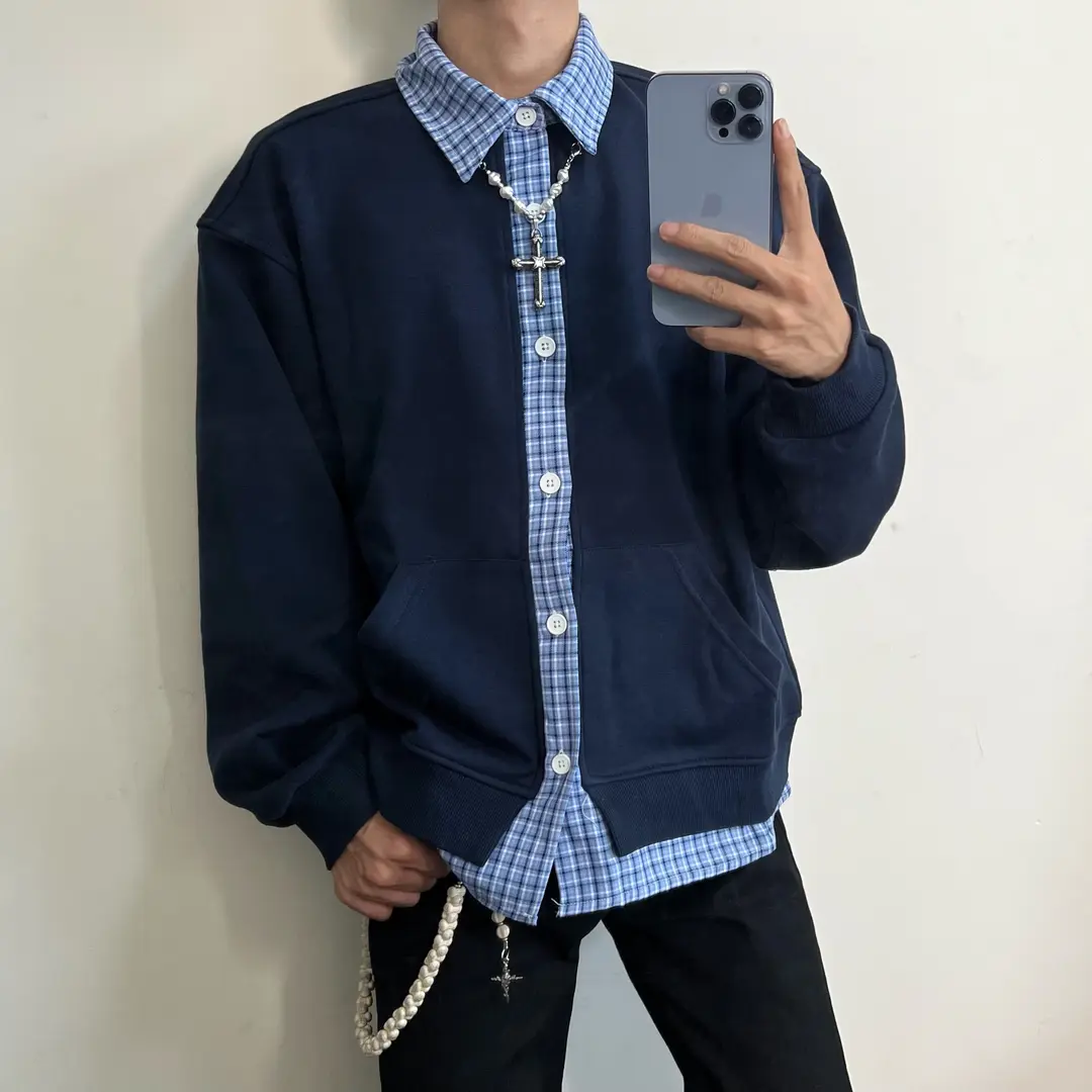 LJFTZ  EOOY工作室miu 假两件格子开衫卫衣男款秋季cleanfit慵懒