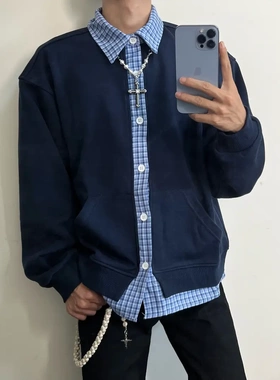 LJFTZ  EOOY工作室miu 假两件格子开衫卫衣男款秋季cleanfit慵懒