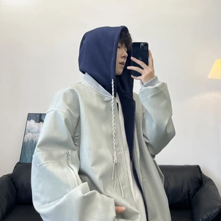 JAVE PASOK潮牌休闲假两件连帽夹克男宽松百搭复古宽松皮衣女外套