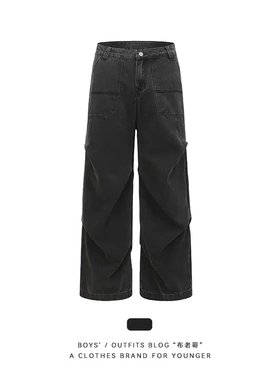 AWRB宽松阔腿褶皱牛仔裤男春秋季水洗深色口袋工装设计感休闲裤子