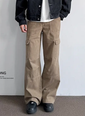 Entong美式cleanfit复古宽松直筒工装裤男生百搭卡其色休闲裤子