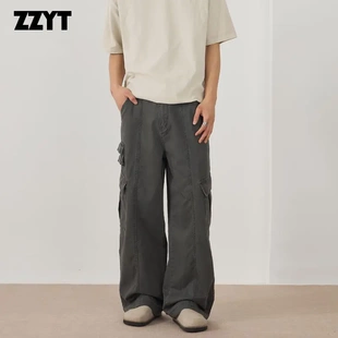 ZZYT美式复古水洗多口袋工装裤男款宽松直筒潮夏季宽松直筒工装裤