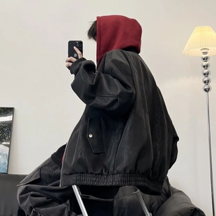 JAVE PASOK美式潮牌假两件连帽皮衣外套男女拼接设计开衫宽松夹克