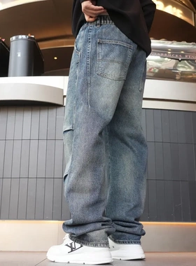 重工美式潮款牛仔裤重磅洗水弯刀阔腿牛仔裤26302