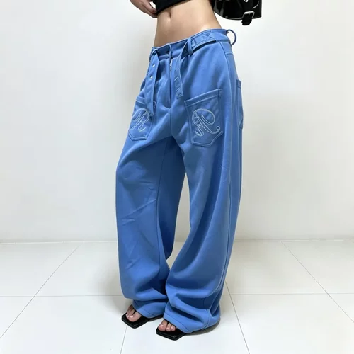 Onestep美式复古巴黎扣刺绣工装夏季休闲百搭宽松阔腿直筒运动裤