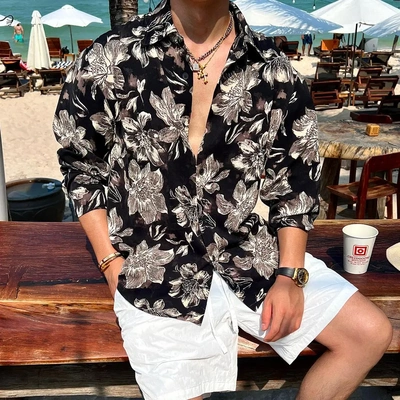 OXFREAK「水墨花卉 晕染满印」夏季度假长袖衬衫男宽松防晒上衣男