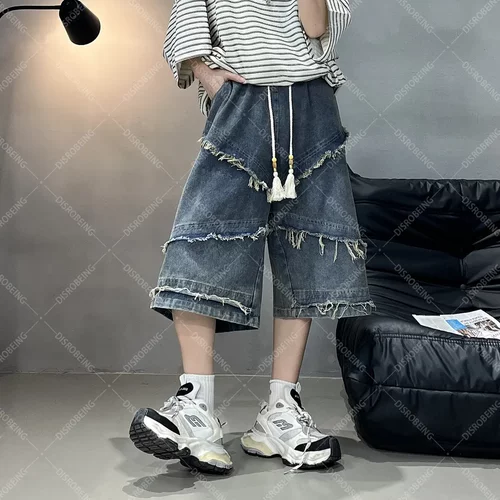 DISROBEING夏季新款美式复古毛边流苏牛仔男抽绳短裤高街设计休闲