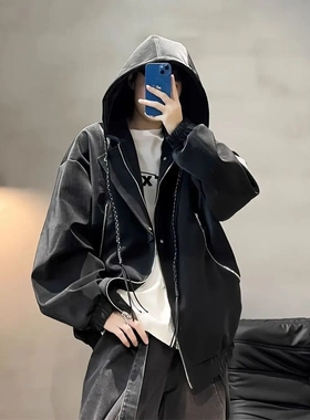 DISROBEING连帽皮衣夹克男美式简约宽松秋季情侣休闲外套百搭上衣