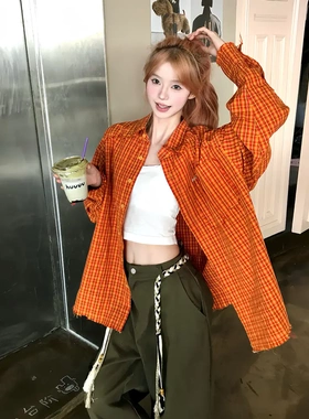 Holocene美式潮牌复古橙色纯棉格子衬衫秋季宽松情侣衬衣MC8607
