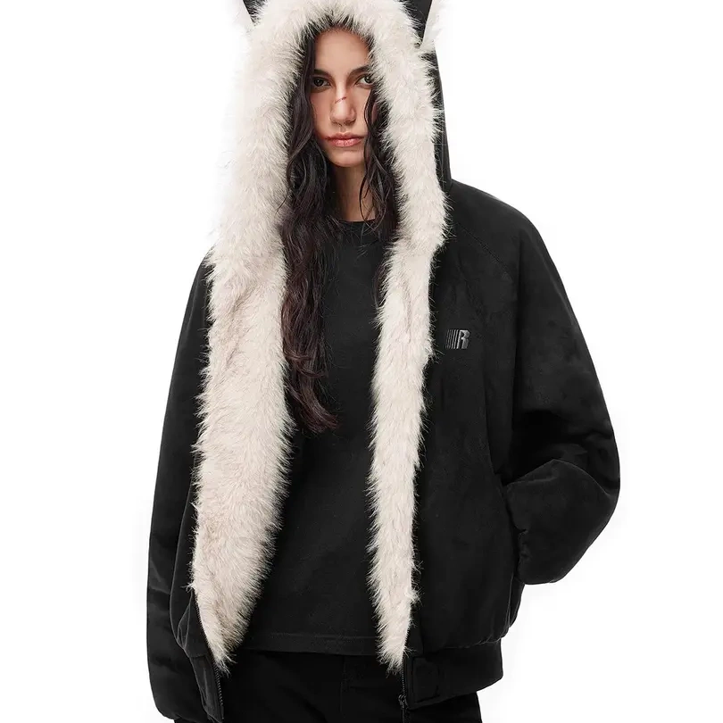 FDR秋冬季猫耳棉袄加厚情侣连帽棉衣棉服男麂皮毛领座山雕外套女