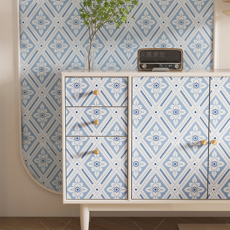 复古蓝白菱格装饰房间柜子贴纸民宿布置翻新家具贴遮丑自粘墙纸,家居饰品,软装墙贴,淘宝优惠券,粉丝福利购,淘宝优惠卷