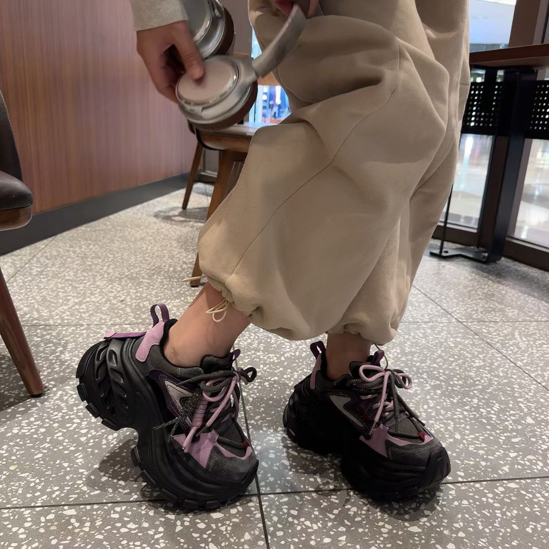 真皮超火百搭鞋子新款爆款紫色老爹鞋女款运动鞋增高彩色厚底女鞋