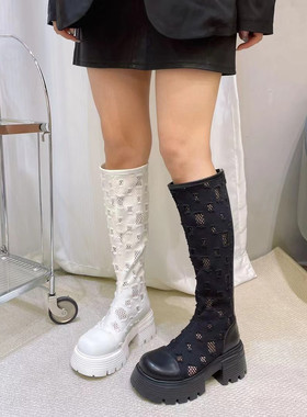 韩国东大门不过膝高筒靴女春夏新款牛仔破洞长筒靴粗跟厚底网靴潮