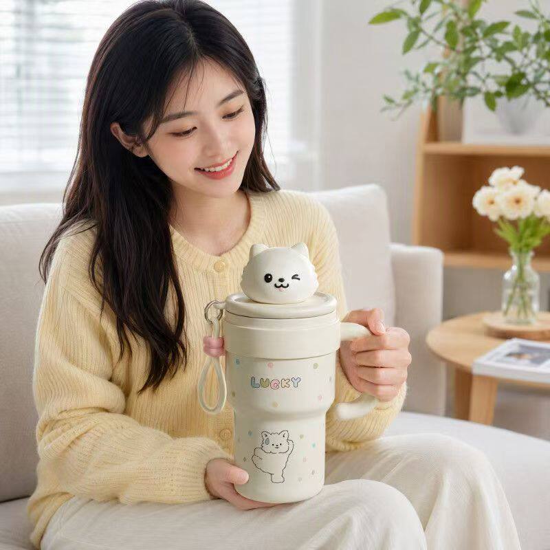 多巴胺卡通冰霸杯大容量保温杯小猫企鹅图案家用办公手柄吸管杯子