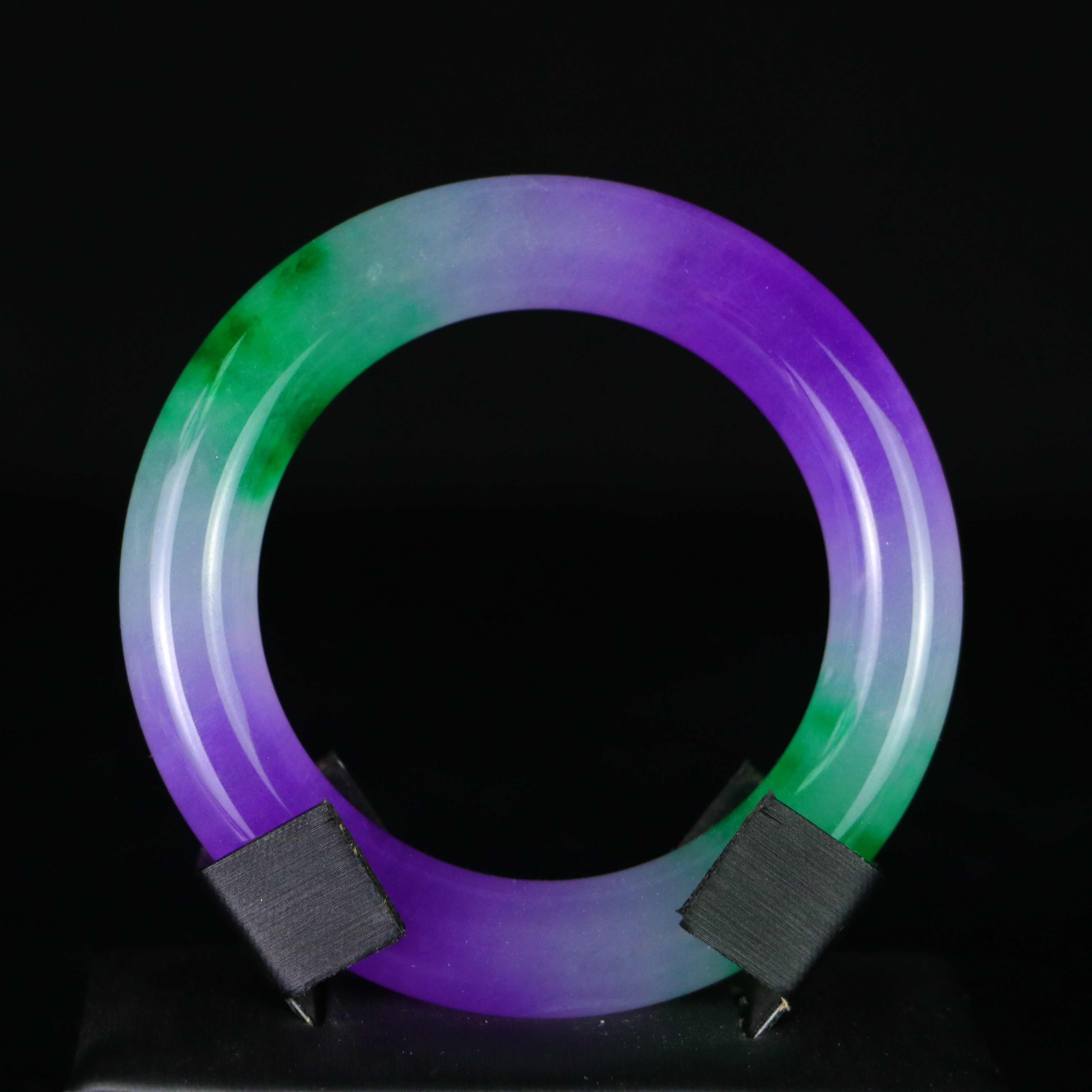 精品高冰老翡翠飘绿圆条手镯精工老翠玉冰糯种花色翠玉镯老玉手环