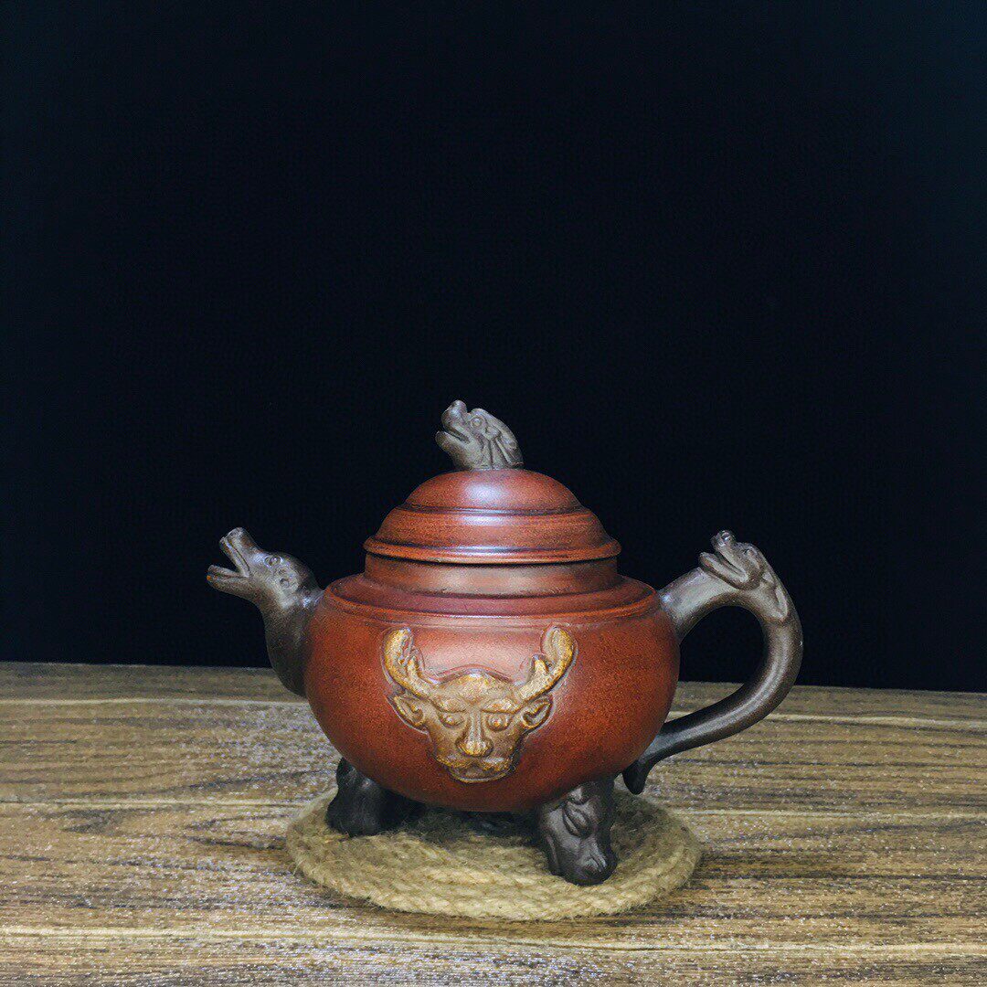 台湾回流明代老紫砂壶石瓢壶纯手工制作茶壶古玩吴月亭三足龙头壶