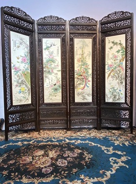 作品瓷板画粉彩花鸟折叠屏风古玩