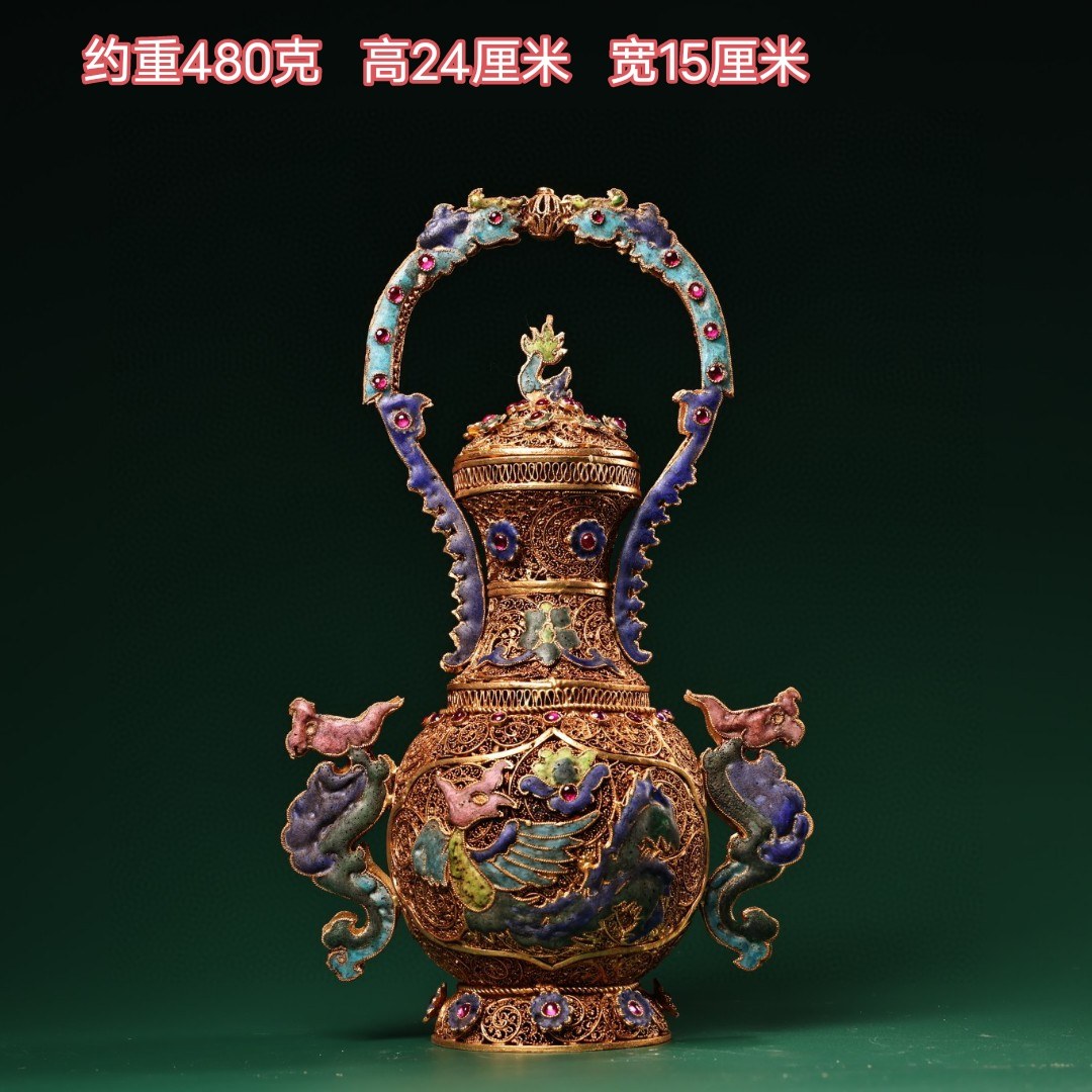 古玩珍品旧藏纯银花丝工艺镶嵌宝石景泰蓝烧蓝花瓶家具装饰摆件