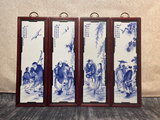 王步作品红木镶瓷板画青花人物逍遥人物四条挂屏古玩古董收藏