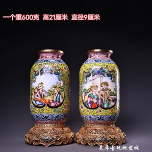 珍品旧藏清代宫廷御藏纯银花丝鎏金底座铜胎手绘珐琅彩笔洗花瓶