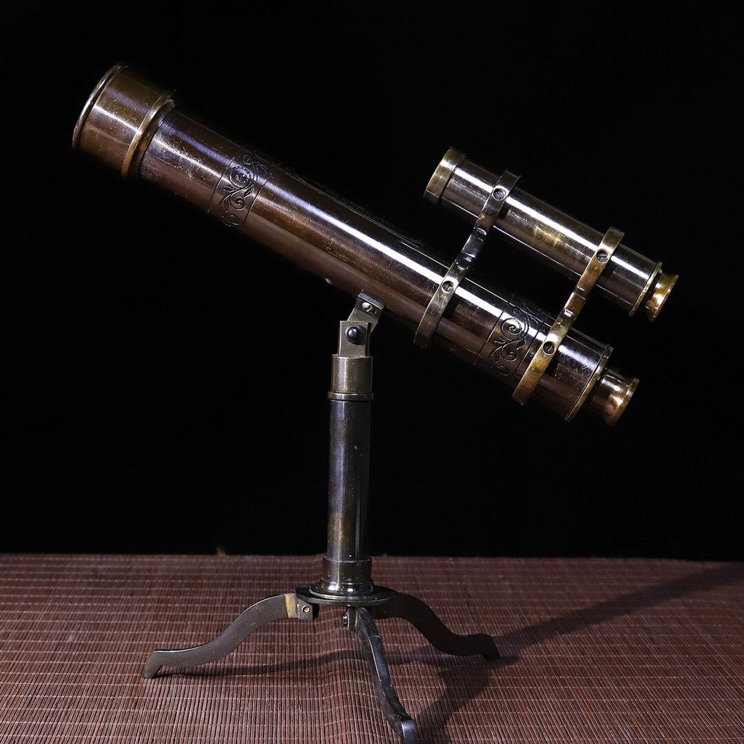 古玩古董旧藏回流三足支架双筒纯饰品家居怀旧铜望远镜摆件收藏