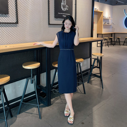 SaugafSaug歌家夏藏蓝无袖收腰钉珠礼服优雅高端淑女修身连衣裙子