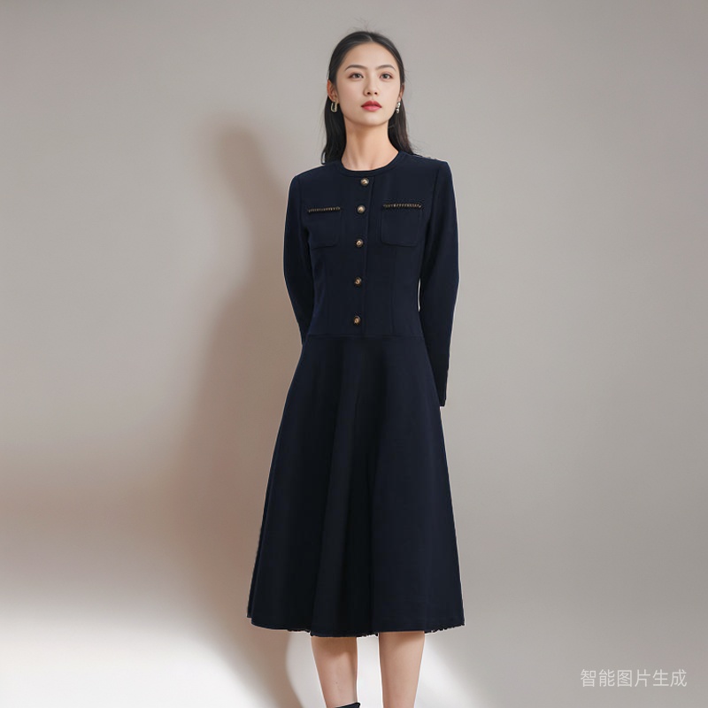 SongofSong歌中歌女装2023冬新款法式小香风圆领修身中长连衣裙子