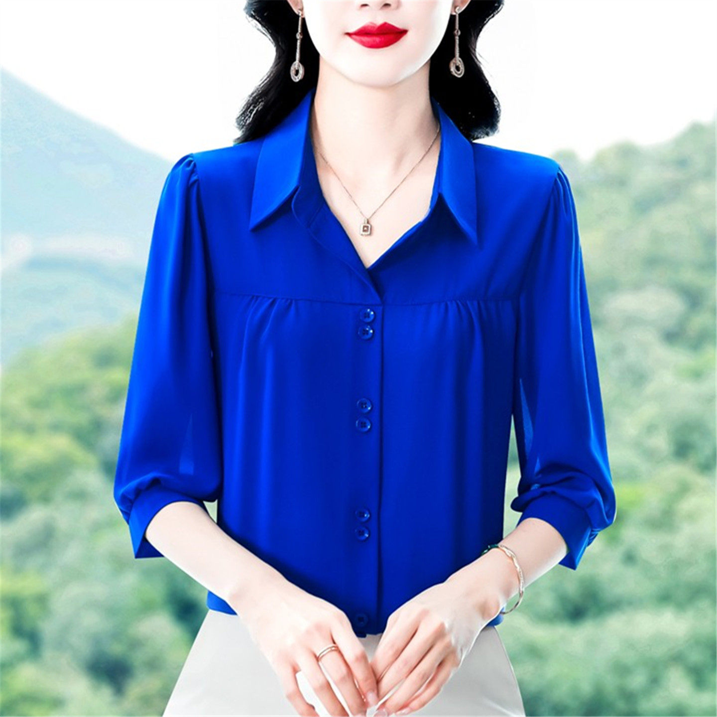 七分袖衬衫女士夏季2026新款时尚小衫洋气百搭雪纺衬衣妈妈装上衣