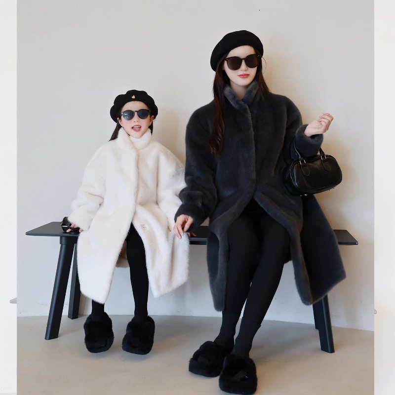 亲子装仿皮草外套儿童水貂毛绒女童中大童长款皮毛一体毛毛大衣新